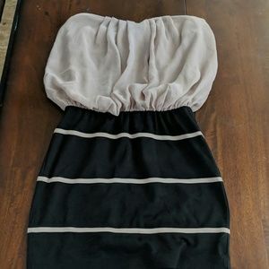 Black and tan strapless dress
